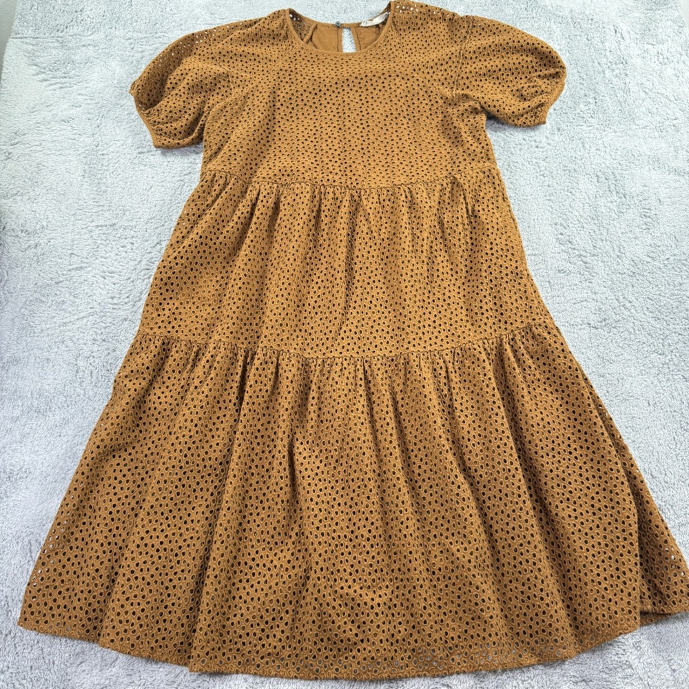 Everlane Eyelet Tiered Midi Dress Womens Small Brown Excellent Puff Sleeve Boho